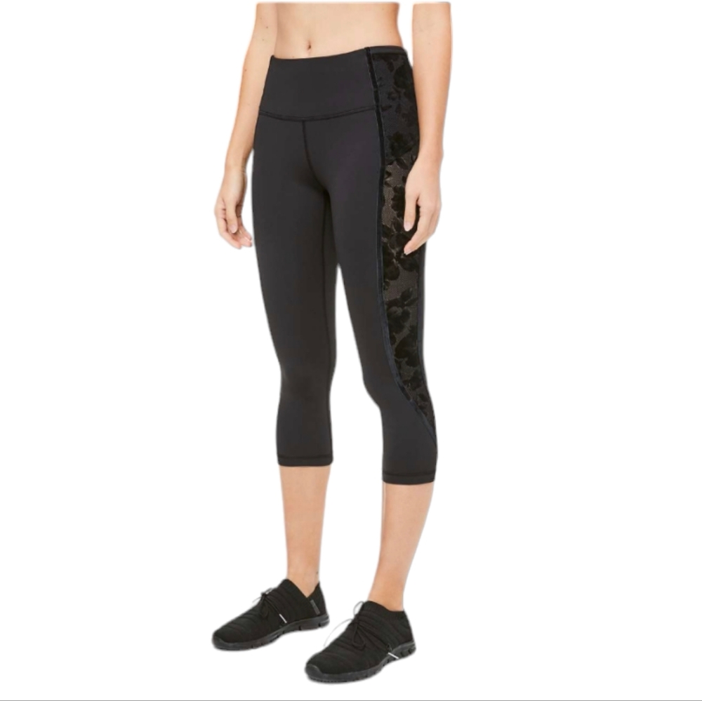 Lululemon Wunder Under‎ Crop High-Rise Flocked Black /Scatter Floral Leggings 2